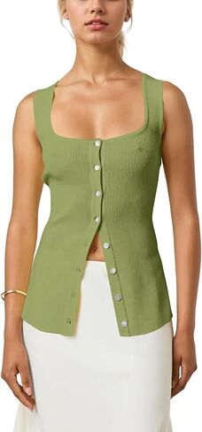 Women Square Neck Button Down Knit Tank Top Button-Up U Neck Sleeveless Backless Solid Slim Sexy Sweater Vest Tops in Kuwait