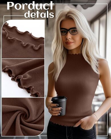 Riyiper 3 Pack Women's Sleeveless Mock Turtlenecks Shirts Lettuce Trim Ribbed Knit Slim Summer Casual Tank Tops Basic Tees in Kuwait