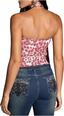 Milumia Women's Leopard Print Tube Top Cheetah Mesh Halter Top with Dickf Party Club in Kuwait