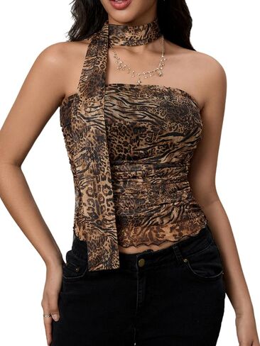 Milumia Women's Leopard Print Tube Top Cheetah Mesh Halter Top with Dickf Party Club in Kuwait