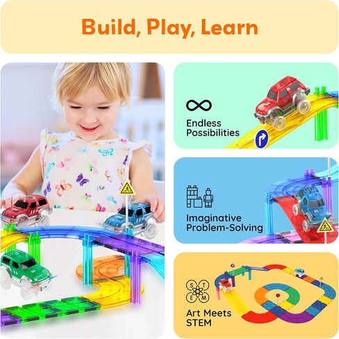 PicassoTiles 3 Pack LED Race Track Cars, Magnetic Tile STEM Toy Set Ages 3+ in Kuwait