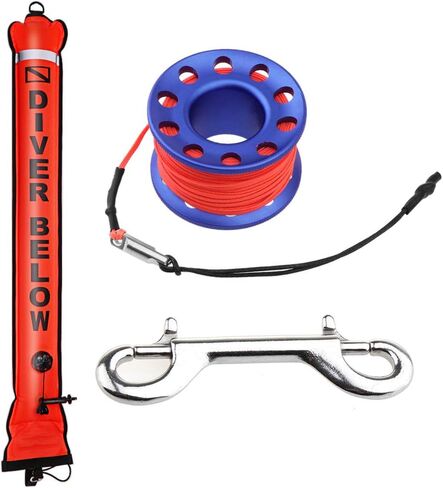 4ft Scuba Diving Open Bottom Surface Marker Buoy (SMB) with 49ft Finger Spool Alloy Dive Reel and Double Ended Bolt Clip Red in Kuwait