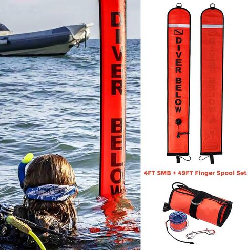 4ft Scuba Diving Open Bottom Surface Marker Buoy (SMB) with 49ft Finger Spool Alloy Dive Reel and Double Ended Bolt Clip Red in Kuwait