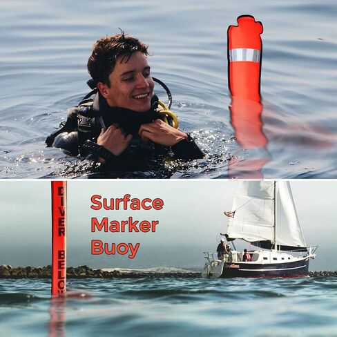 4ft Scuba Diving Open Bottom Surface Marker Buoy (SMB) with 49ft Finger Spool Alloy Dive Reel and Double Ended Bolt Clip Red in Kuwait