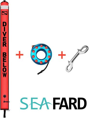 4ft Scuba Diving Open Bottom Surface Marker Buoy (SMB) with 49ft Finger Spool Alloy Dive Reel and Double Ended Bolt Clip Red in Kuwait