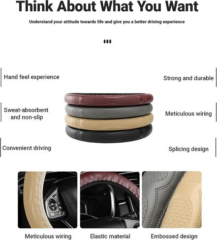 Car Steering Wheel Cover, 14.5-15 Inch Car Microfiber Embossed Leather Covers, Breathable Anti-Slip Odorless Steering Wheels Accessories for Men Women (Black) in Saudi Arabia