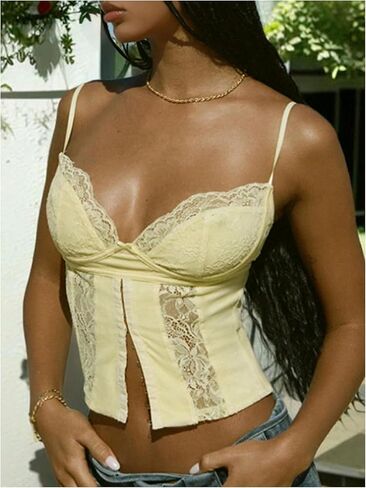 WDIRARA Women's Lace Low Cut Cami Crop Top Sexy Y2k V Neck Going Out Camisole Tops in Saudi Arabia