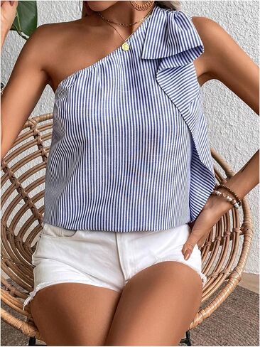 SOLY HUX Women's Striped Print One Shoulder Blouse Sleeveless Summer Tank Tops Casual Vacation Shirts in Saudi Arabia