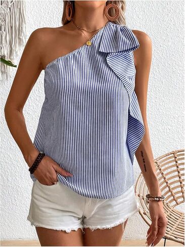 SOLY HUX Women's Striped Print One Shoulder Blouse Sleeveless Summer Tank Tops Casual Vacation Shirts in Saudi Arabia