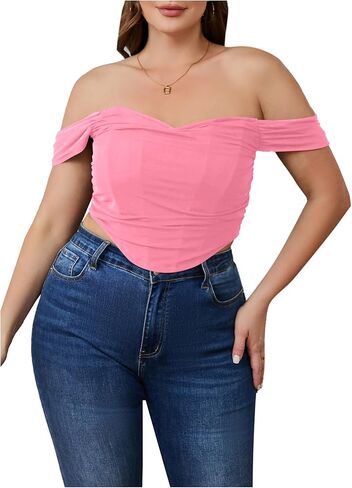 MakeMeChic Women's Plus Size Off Shoulder Bustier Tops Ruched V Neck Tank Zipper Slim Fitted Crop Tops in Kuwait