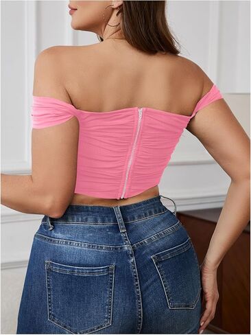 MakeMeChic Women's Plus Size Off Shoulder Bustier Tops Ruched V Neck Tank Zipper Slim Fitted Crop Tops in Kuwait