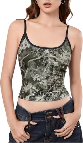 Women's Y2k Vintage Camo Print Camisole Spaghetti Strap Scoop Neck Cropped Cami Tank in Saudi Arabia