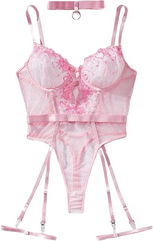 Wdirara Women's Floral Musered Mesher Lingerie مع حزام الرباط وقلادة in Saudi Arabia