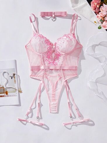 Wdirara Women's Floral Musered Mesher Lingerie مع حزام الرباط وقلادة in Saudi Arabia
