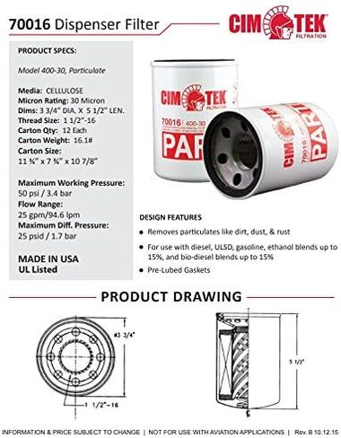 Cim-Tek 70016 Centurion Gilbarco Diesel Filter 400-30, 30 Micron in Saudi Arabia