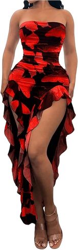 Wdirara Women's Butterfly Print غير متناظرة BodyCon Maxi فستان تقسيم الفوقد الكشكش تقليم الفساتين in Kuwait