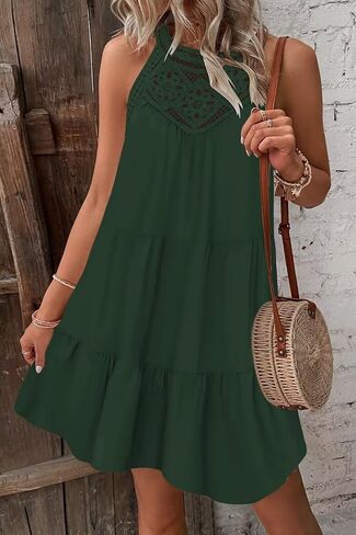 Wkior Womens Summer Dresses 2025 Casual Halter Sleeveless Flowy Mini Dress Tiered Pleated Beach Sundress in Kuwait