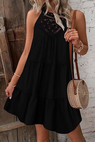 Wkior Womens Summer Dresses 2025 Casual Halter Sleeveless Flowy Mini Dress Tiered Pleated Beach Sundress in Kuwait
