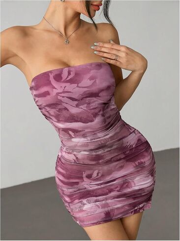 Milumia Women's Floral Print Strapless Bodycon Mini Dress Mesh Ruched Tube Top Dresses in Saudi Arabia