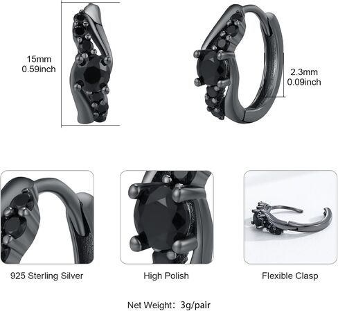 Hoop Earrings 925 Sterling Silver CZ Black Hoop Earring Mens Earrings Black Earrings Gothic Jewelry Gifts for Men Women in Saudi Arabia