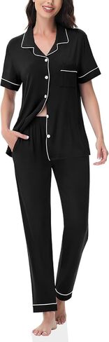 النسائية مشروط Pajama مجموعة 2 قطعة صالة ناعمة مجموعة الأكمام قصيرة الزر أعلى Pajama Comfy Pj Pants مع جيوب S-3XL in Kuwait