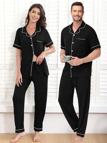 النسائية مشروط Pajama مجموعة 2 قطعة صالة ناعمة مجموعة الأكمام قصيرة الزر أعلى Pajama Comfy Pj Pants مع جيوب S-3XL in Kuwait