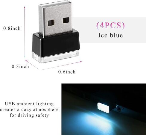 4 PCS USB LED Car Interior Atmosphere Lamp, Mini LED Plug-in USB Interface Trunk Ambient Light, Portable USB Night Lighting Kit Interior Decor for Vehicle Home Office (Ice Blue) in Saudi Arabia