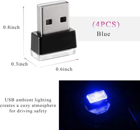 4 PCS USB LED Car Interior Atmosphere Lamp, Mini LED Plug-in USB Interface Trunk Ambient Light, Portable USB Night Lighting Kit Interior Decor for Vehicle Home Office (Ice Blue) in Saudi Arabia