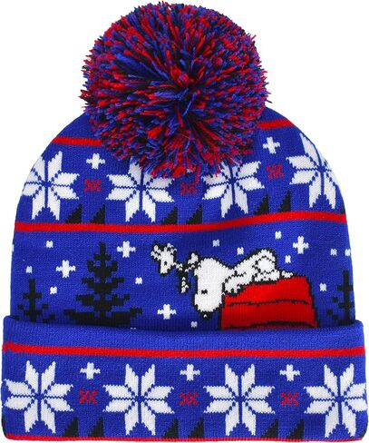 Peanuts Beanie Hat, Snoopy Red House Ugly Xmas Sweater Winter Knit Cap with Cuff and Pom, Blue, One Size in Saudi Arabia