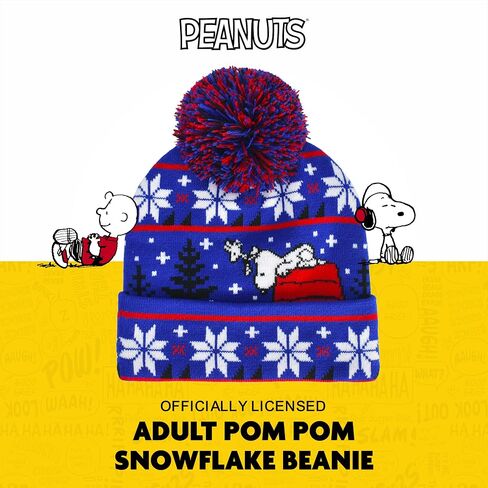 Peanuts Beanie Hat, Snoopy Red House Ugly Xmas Sweater Winter Knit Cap with Cuff and Pom, Blue, One Size in Saudi Arabia