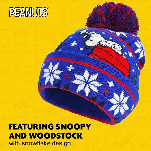 Peanuts Beanie Hat, Snoopy Red House Ugly Xmas Sweater Winter Knit Cap with Cuff and Pom, Blue, One Size in Saudi Arabia