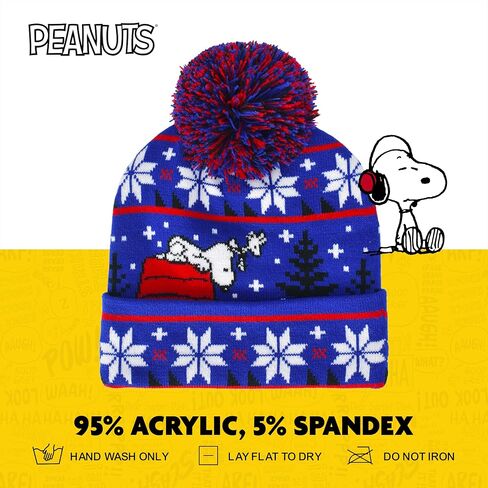 Peanuts Beanie Hat, Snoopy Red House Ugly Xmas Sweater Winter Knit Cap with Cuff and Pom, Blue, One Size in Saudi Arabia