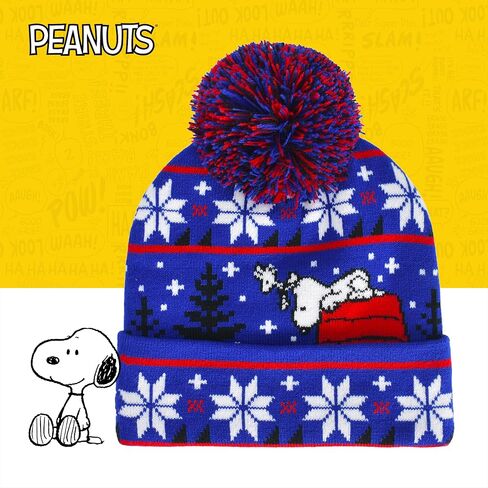 Peanuts Beanie Hat, Snoopy Red House Ugly Xmas Sweater Winter Knit Cap with Cuff and Pom, Blue, One Size in Saudi Arabia