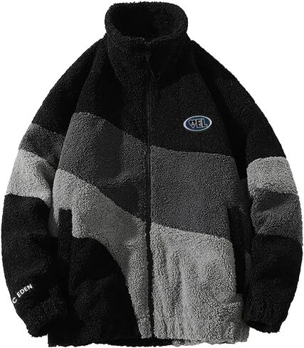 Aelfric Eden Men's Vintage Patchwork Fleece Coats Splicing Contrast Sherpa Coat Unisex Casual Oversized Jackets in Saudi Arabia