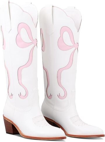 LingxiaUne Women’s Western Cowboy Boots – Symmetrical Red Butterfly Pattern High Shaft Boots with Wooden Heel in Kuwait