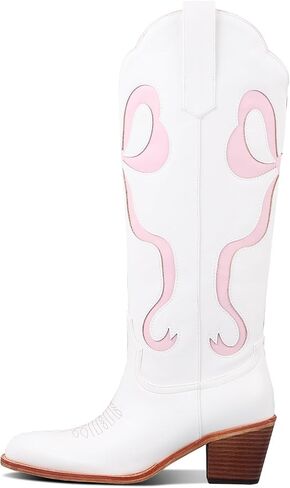 LingxiaUne Women’s Western Cowboy Boots – Symmetrical Red Butterfly Pattern High Shaft Boots with Wooden Heel in Kuwait