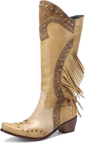 Women's Western Fringe Cowboy Boots for Women Knee High Pointed Toe Studded Fashion Cowgirl Boots for Girls with Zipper in Saudi Arabia