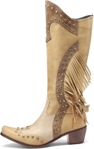 Women's Western Fringe Cowboy Boots for Women Knee High Pointed Toe Studded Fashion Cowgirl Boots for Girls with Zipper in Saudi Arabia