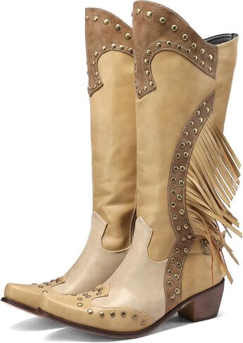Women's Western Fringe Cowboy Boots for Women Knee High Pointed Toe Studded Fashion Cowgirl Boots for Girls with Zipper in Saudi Arabia