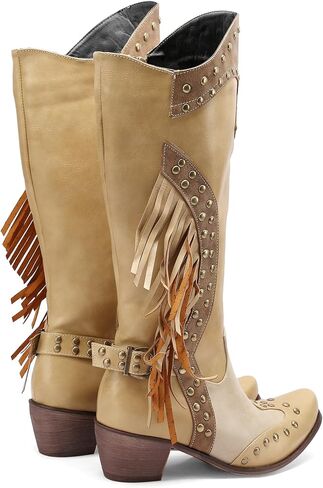 Women's Western Fringe Cowboy Boots for Women Knee High Pointed Toe Studded Fashion Cowgirl Boots for Girls with Zipper in Saudi Arabia