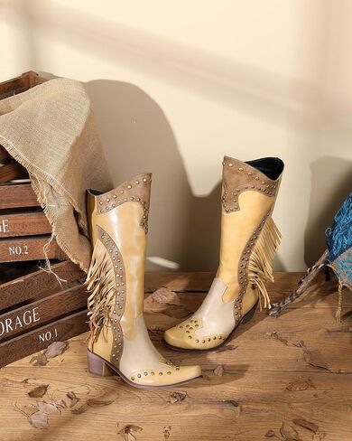 Women's Western Fringe Cowboy Boots for Women Knee High Pointed Toe Studded Fashion Cowgirl Boots for Girls with Zipper in Saudi Arabia