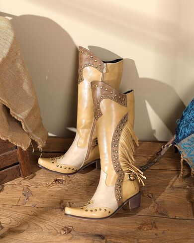 Women's Western Fringe Cowboy Boots for Women Knee High Pointed Toe Studded Fashion Cowgirl Boots for Girls with Zipper in Saudi Arabia
