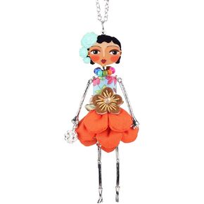 BONSNY Paris Doll Necklace Dress Handmade Pendant Designer Alloy Metal Crystal Flower Long Chain Fashion Jewelry (Orange)