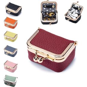 Genuine Leather Jewelry Travel Case Mini Portable Organizer with Kiss Lock & Anti-Tip Design, Stable Small Jewelry Box for Earrings, Rings, Coin Purse for Travel (2.55x1.77 Inch, Red)