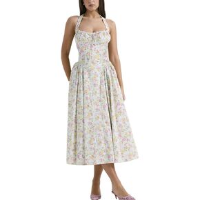 Women Floral Corset Dress Halter Neck Low Cut Bustier Lace Midi Dress Flowy Pleated Hem Long Sundress with Pockets