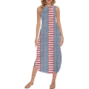 TMSD Women's July 4th Independence Day Crew Neck Memorial Day Maxi Dress with Pockets