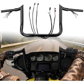 Black PRE-WIRED 12" Meathook Monkey Bar 1 1/4" Bagger Apes Handlebars with Heated Grip Wires for Harley Miter Cut 2016-2023 Street Glide/Electra Glide/Ultra Limited
