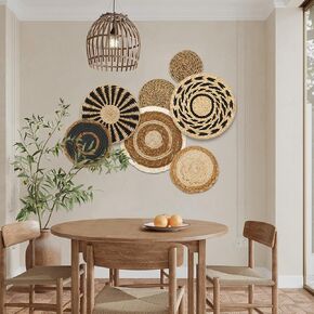7 Pack Boho Wall Basket Decor, Hanging Woven Wall Basket Decor, Handmade Seagrass Rattan Wicker Boho Wall, Round Flat Seagrass Baskets Wall Art for Farmhouse Bedroom Living Room Display