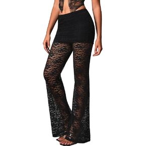 Women Lace Sheer Mesh Flare Pants Sexy Ruched See Through Bell Bottoms Festival Rave Pants