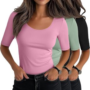 Neer 3 Pack Women's Scoop Neck Stretchy Tops Cotton Half Sleeve Slim Fitted T-Shirts Tight Casual Basic Summer Tees(Black, Gray Green, Dusty Pink,Small)